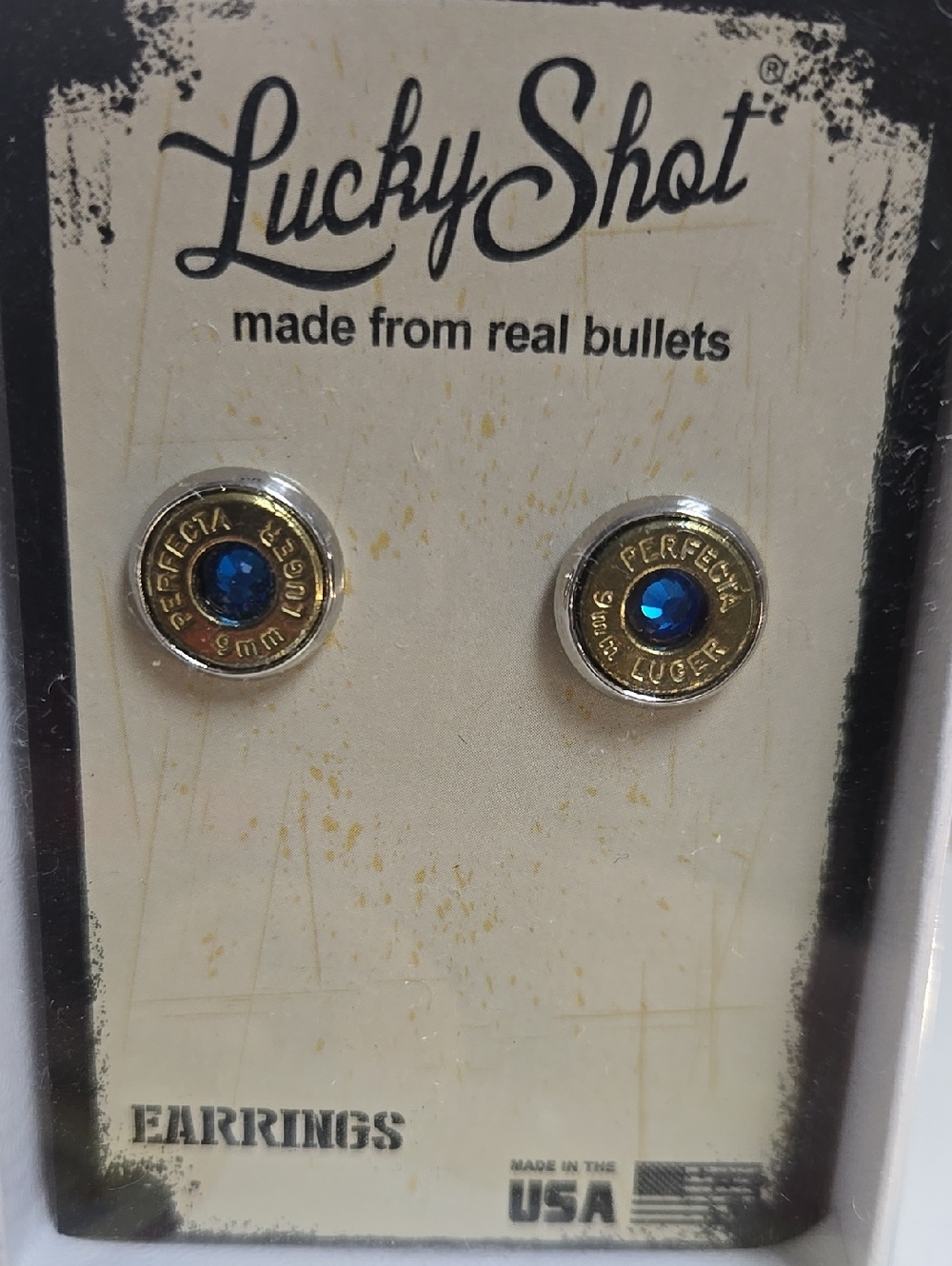 Lucky Shot Bullet Stud Earrings with Blue Crystal